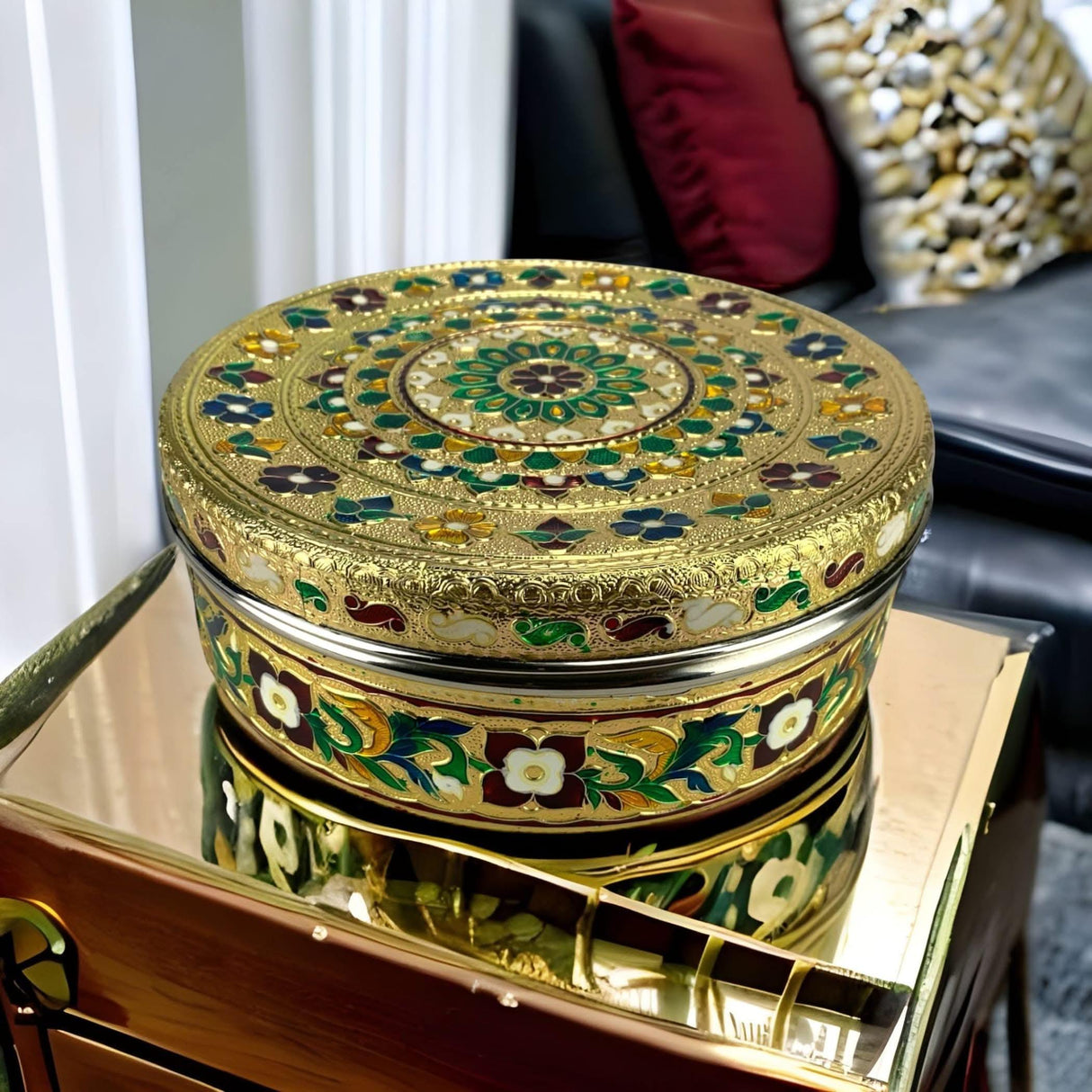 7.5 Inches Decorative Roti Papad Box Stainless Steel Small Sweet Storage Box Meenakari Container Laddu Box Spice Storage Unique Multipurpose Box Gift for Guest - LoveNspire