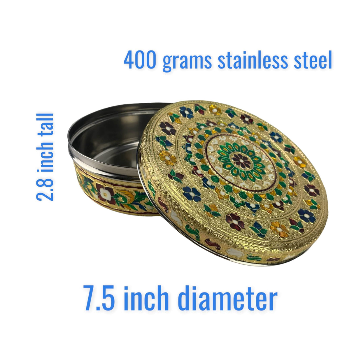 7.5 Inches Decorative Roti Papad Box Stainless Steel Small Sweet Storage Box Meenakari Container Laddu Box Spice Storage Unique Multipurpose Box Gift for Guest - LoveNspire