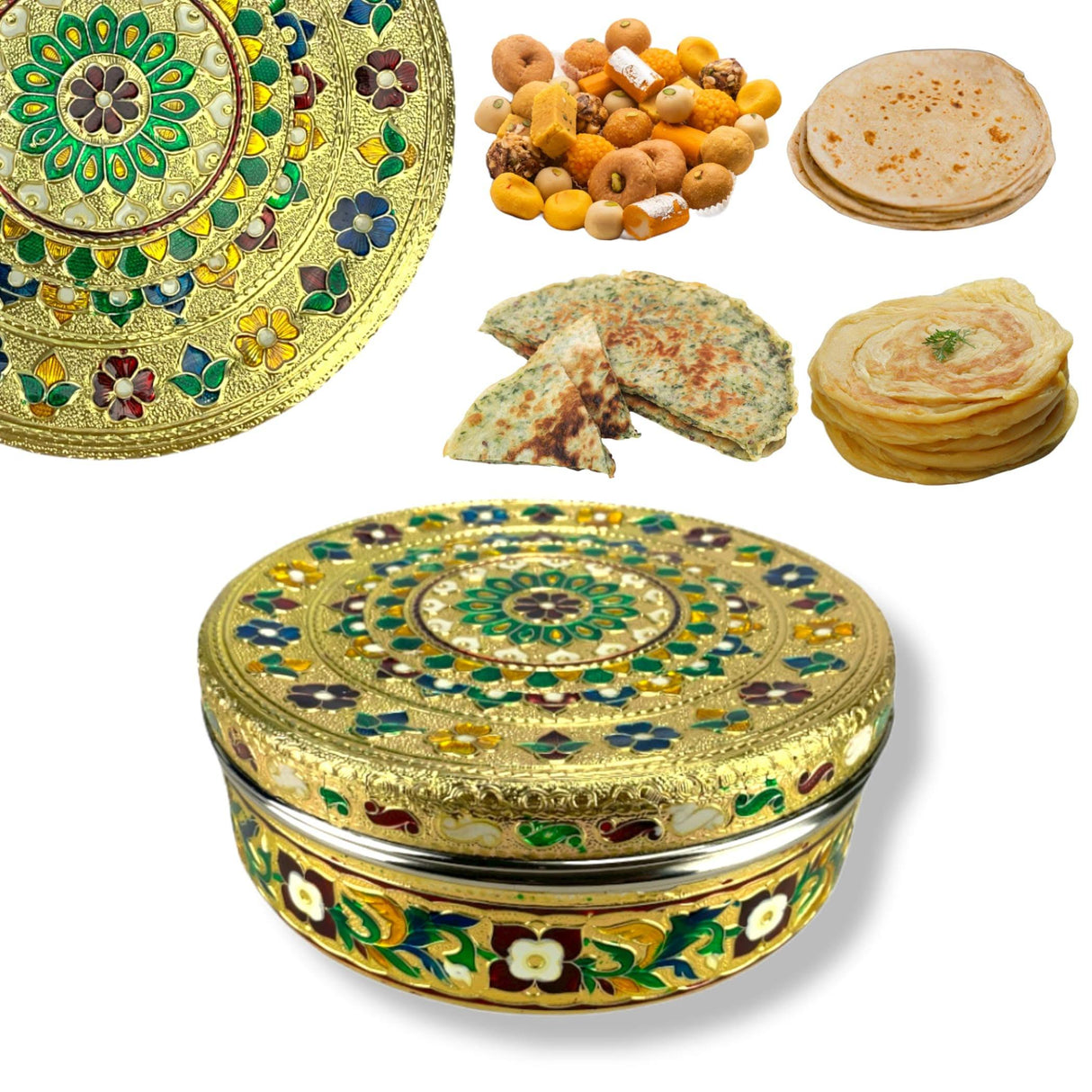 7.5 Inches Decorative Roti Papad Box Stainless Steel Small Sweet Storage Box Meenakari Container Laddu Box Spice Storage Unique Multipurpose Box Gift for Guest - LoveNspire
