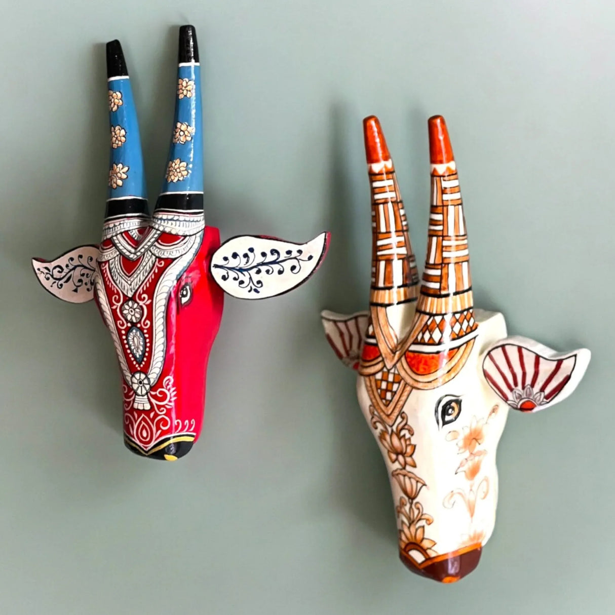 Wooden Cow Nandi Wall Hanging Bull Head Set of 1 Indian Handcrafted Wall Boho Decor for Bedroom Living Room Entrance - Wall Art Ornament Housewarming Gift (7.8 Inch) - LoveNspire