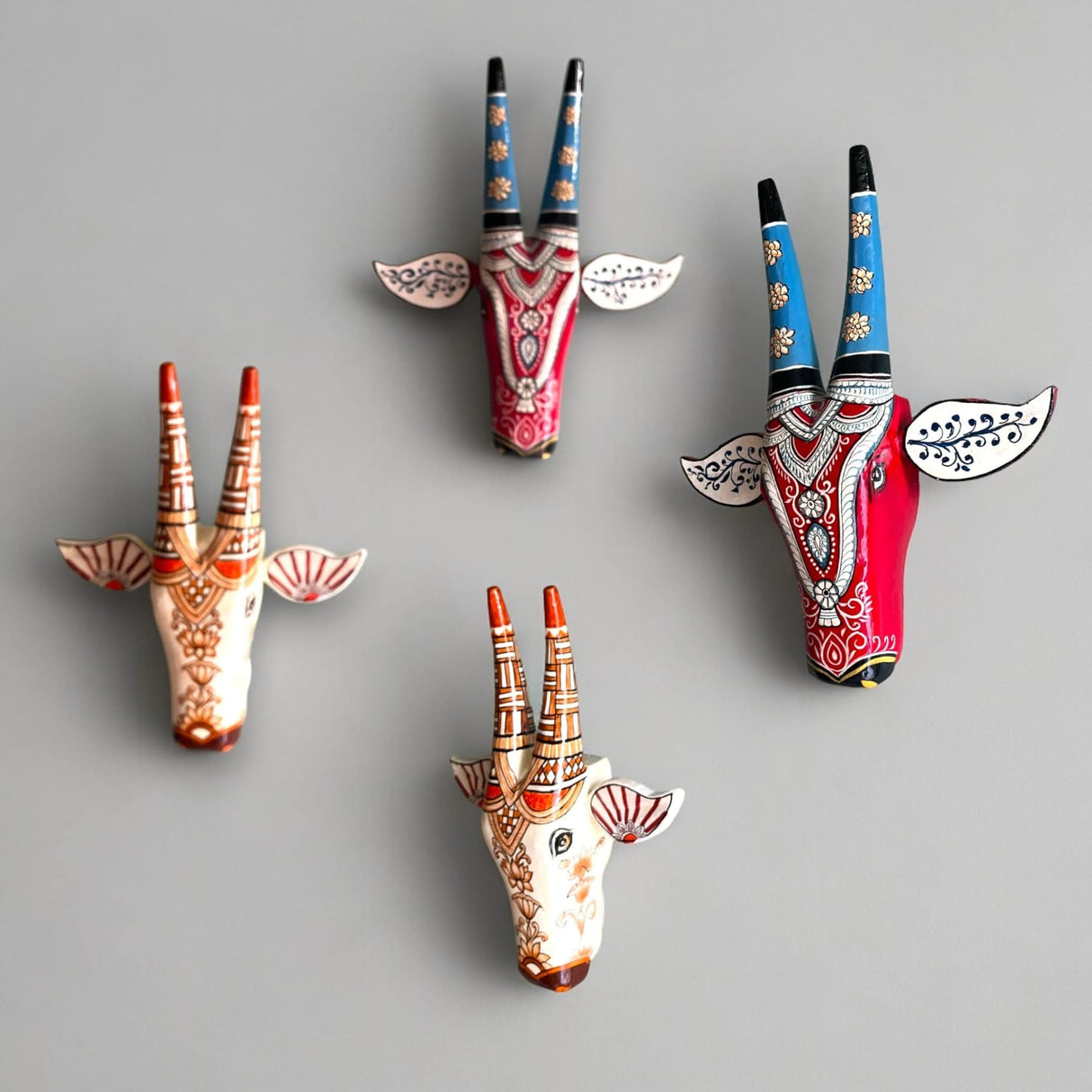 Wooden Cow Nandi Wall Hanging Bull Head Set of 1 Indian Handcrafted Wall Boho Decor for Bedroom Living Room Entrance - Wall Art Ornament Housewarming Gift (7.8 Inch) - LoveNspire