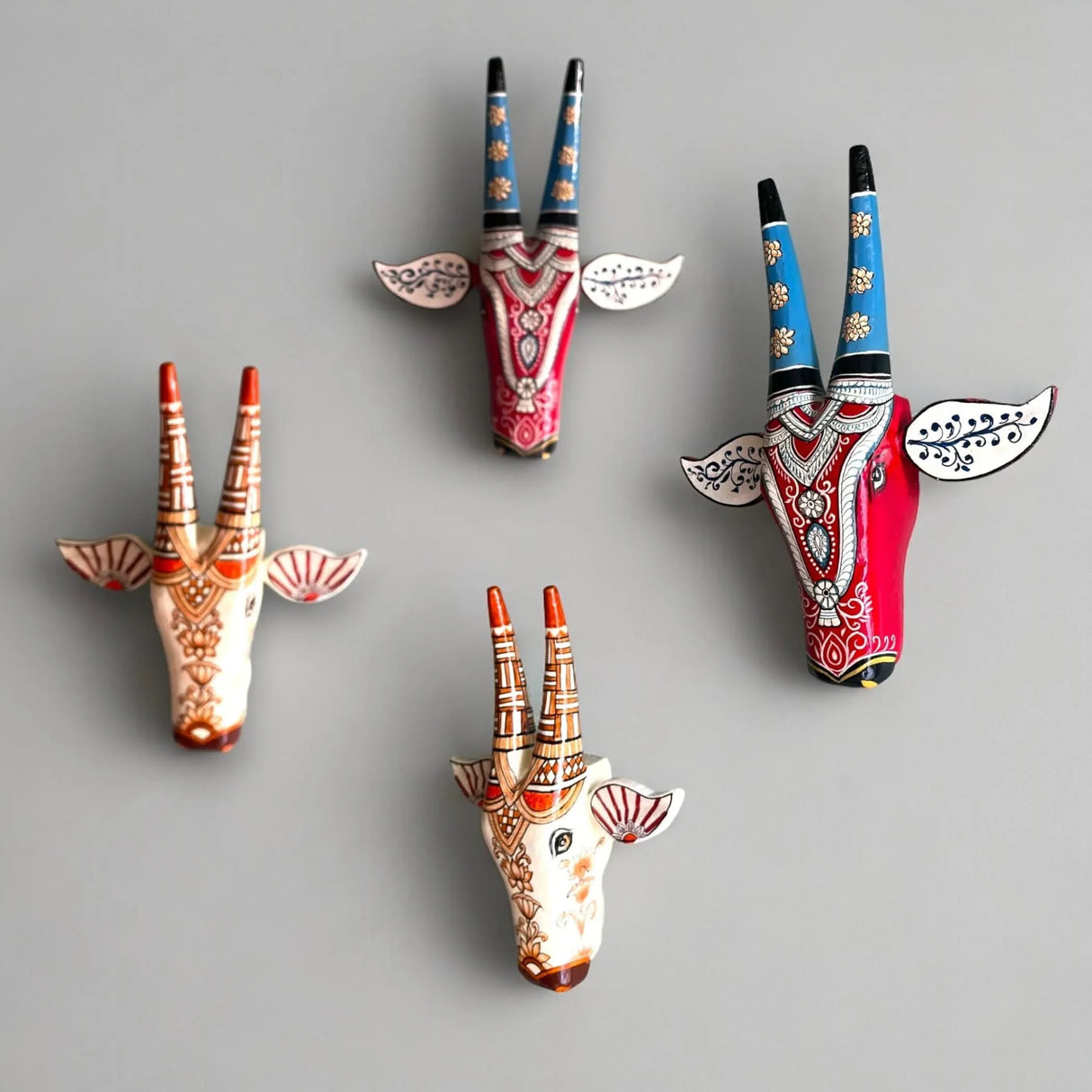 Wooden Cow Nandi Wall Hanging Bull Head Set of 1 Indian Handcrafted Wall Boho Decor for Bedroom Living Room Entrance - Wall Art Ornament Housewarming Gift (7.8 Inch) - LoveNspire