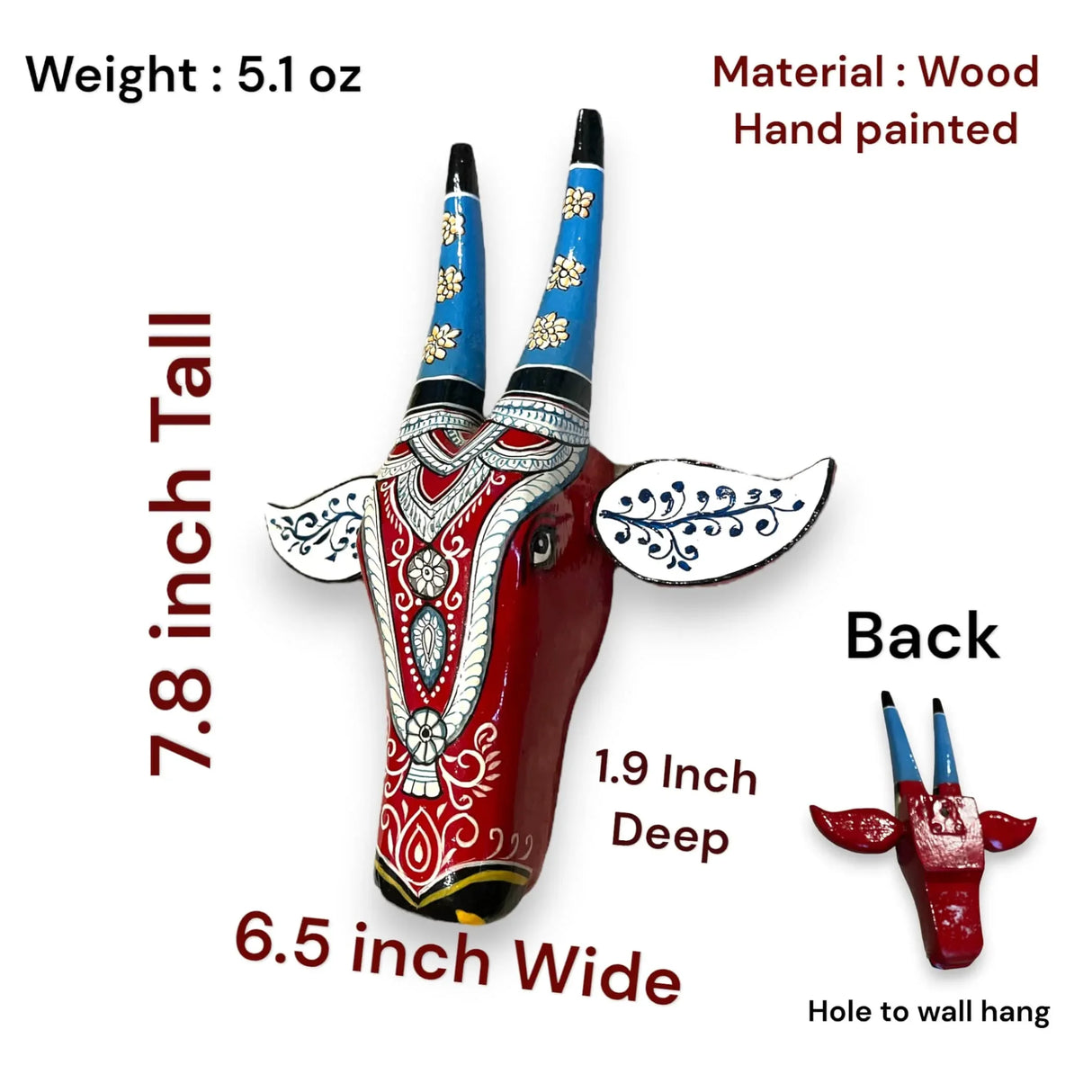 Wooden Cow Nandi Wall Hanging Bull Head Set of 1 Indian Handcrafted Wall Boho Decor for Bedroom Living Room Entrance - Wall Art Ornament Housewarming Gift (7.8 Inch) - LoveNspire