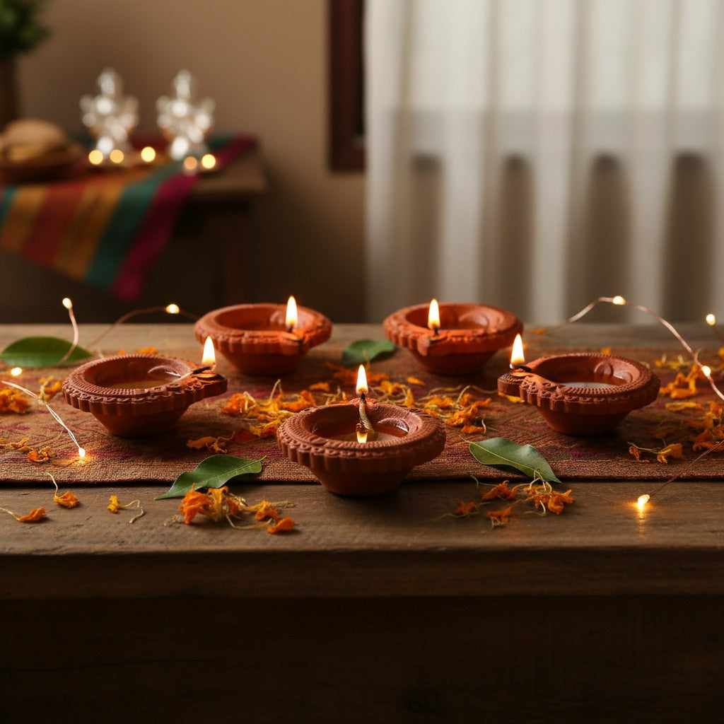 Traditional Handmade Terracotta Clay Diya Set - Mitti Ka Deepak for Pooja, Diwali Decoration, Temple Puja, Home & Office Decor Oil Lamps -Vilakku Deepawali Gift Items