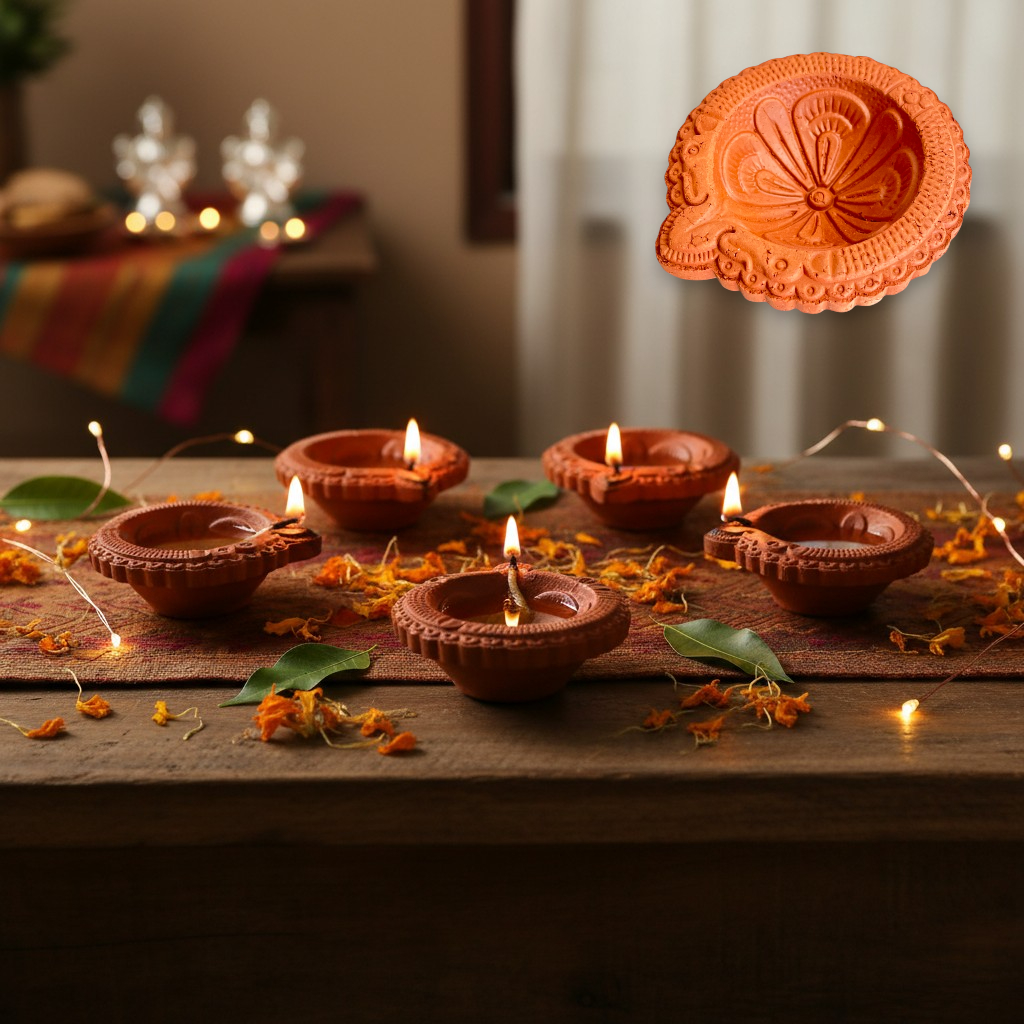 Traditional Handmade Terracotta Clay Diya Set - Mitti Ka Deepak for Pooja, Diwali Decoration, Temple Puja, Home & Office Decor Oil Lamps -Vilakku Deepawali Gift Items