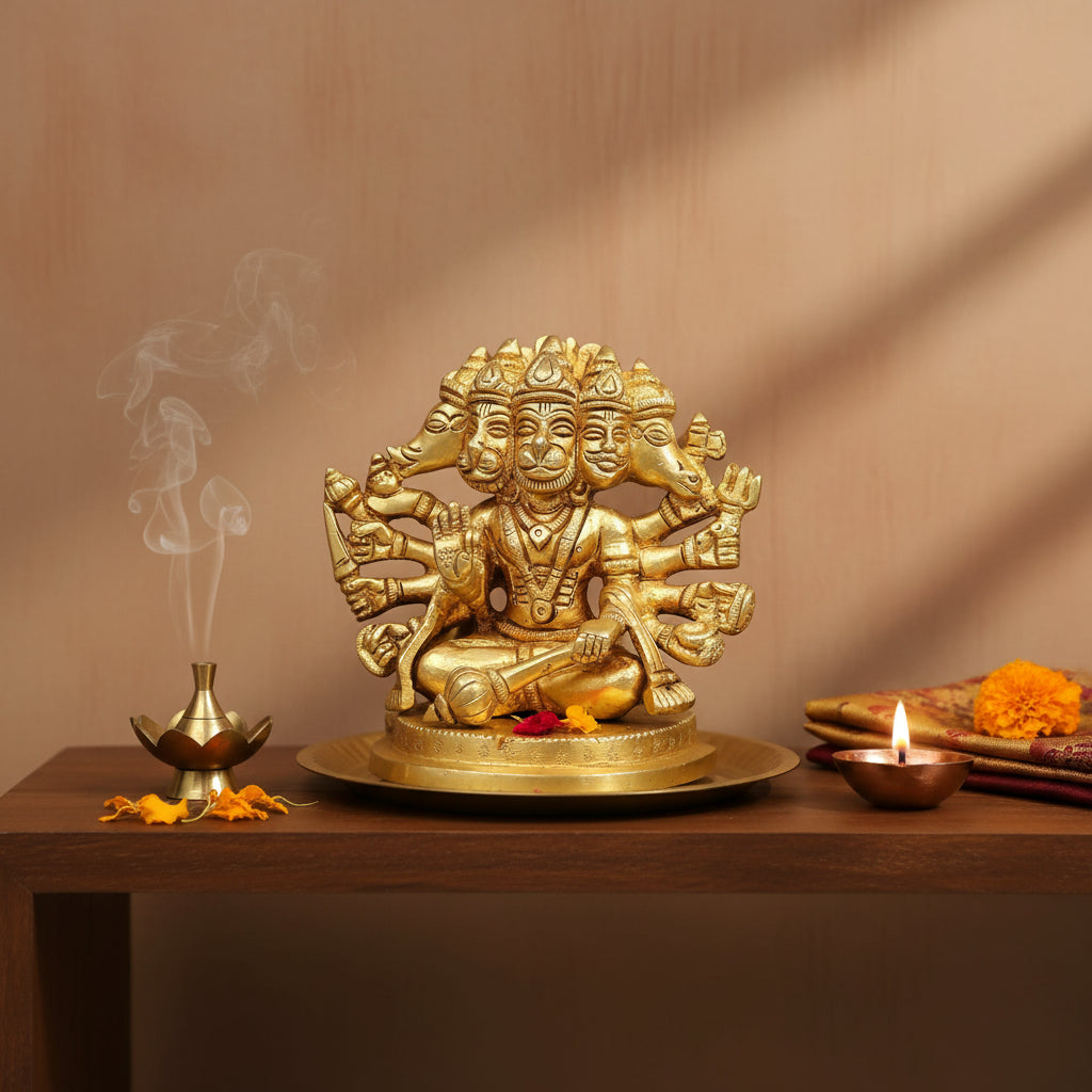 Brass Panchmukhi Hanuman Statue Anjani Pawan Putra Lord Bajrangbali Idol Murti Hindu Religious Divine Sculpture for Home Office Entrance Pooja Room Temple Mandir Decor Housewarming Gift