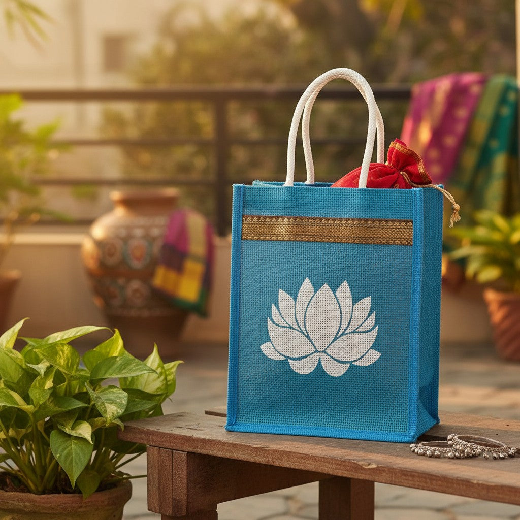 Lotus Print Jute Bag Burlap Tote Bag for Bridesmaid Gift Travel Shopping Diy Indian Wedding Favor Return Gifts