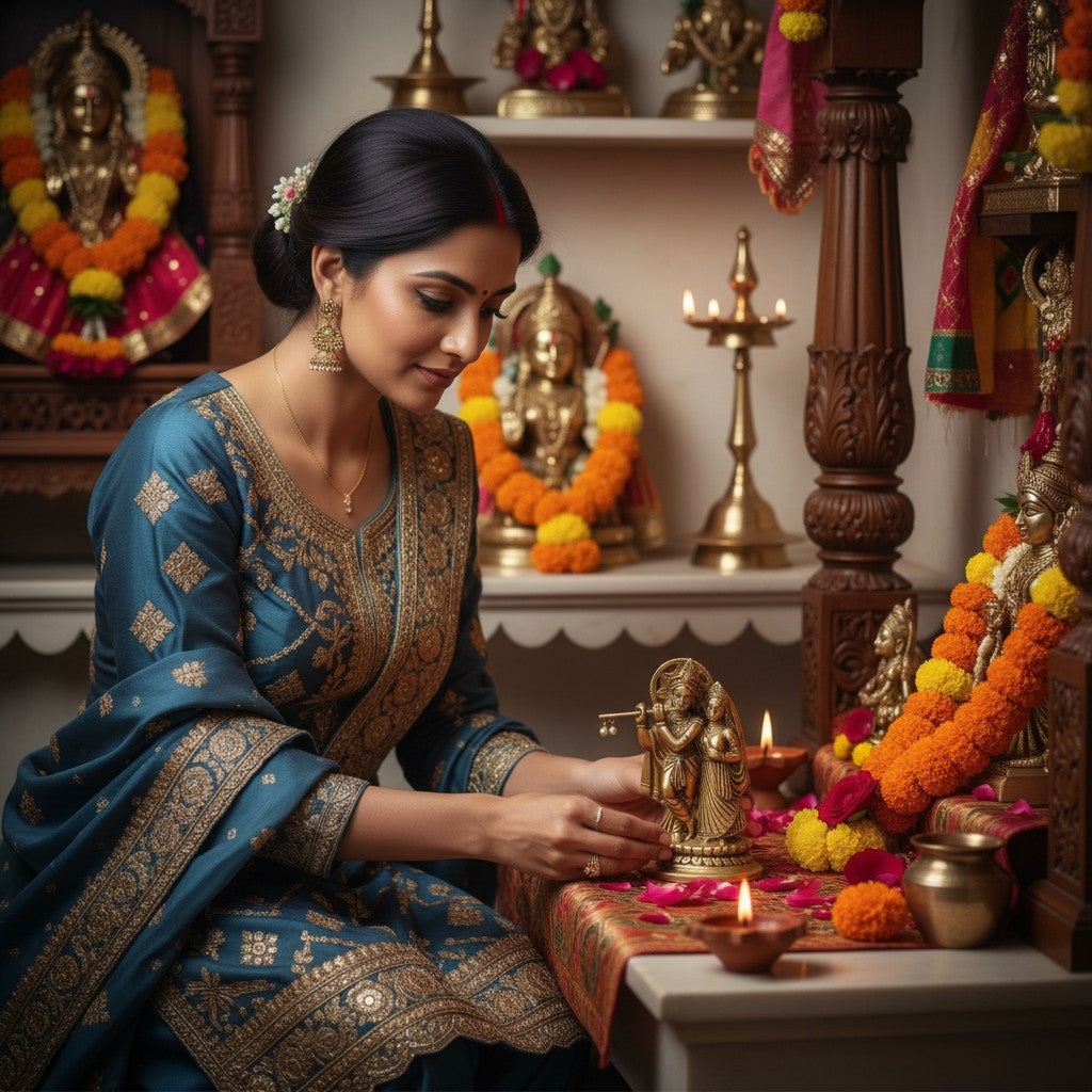 Brass Radha Krishna Statue Hindu God Religious Lord Krishna with Radha Rani Murti Idol - Sculpture for Home Temple Mandir Pooja Decor - Decorative Showpiece Housewarming Gift (5.5 Inches)