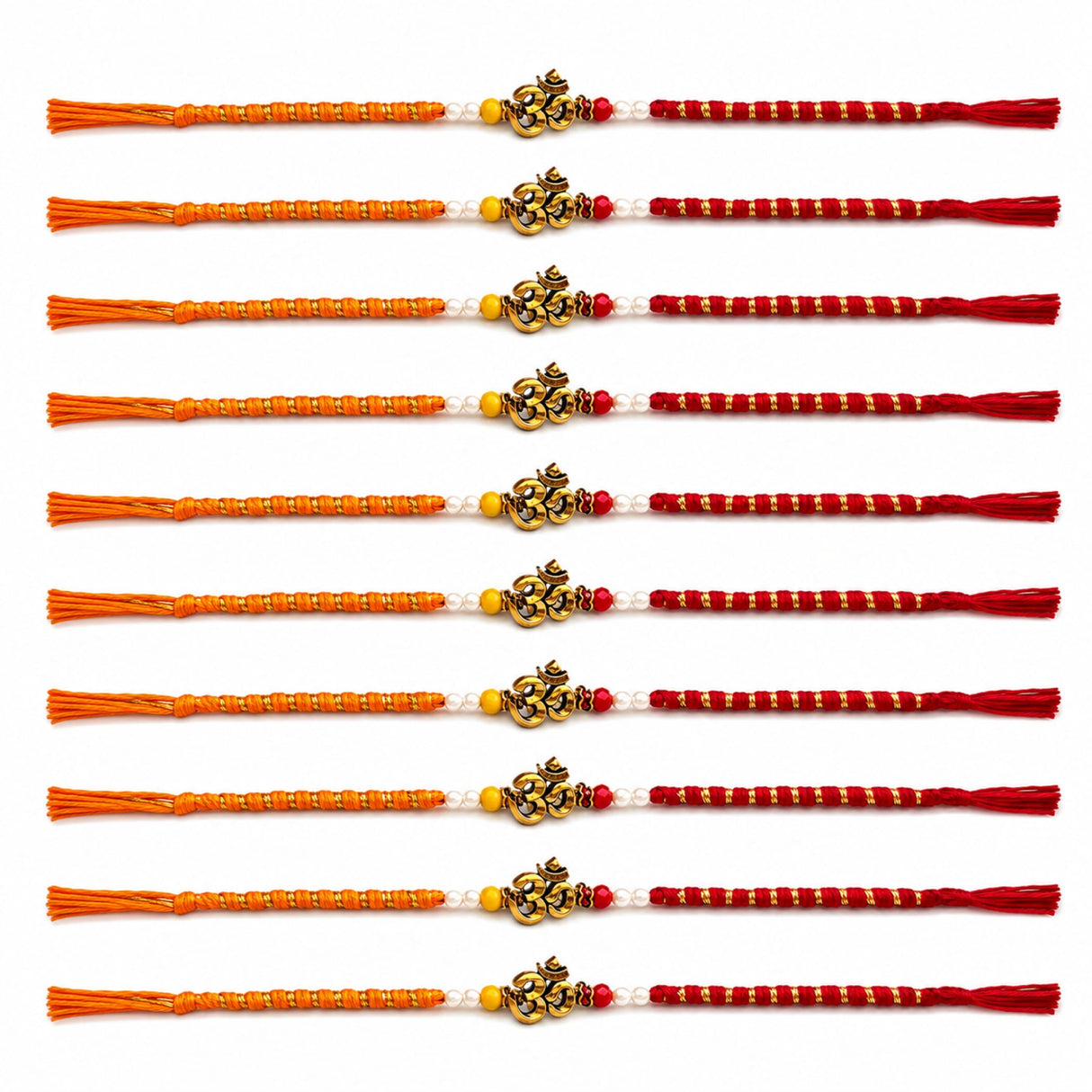 Ten orange and red braided designer om rakhi bracelets with golden om charm and yellow and white beads for raksha bandhan