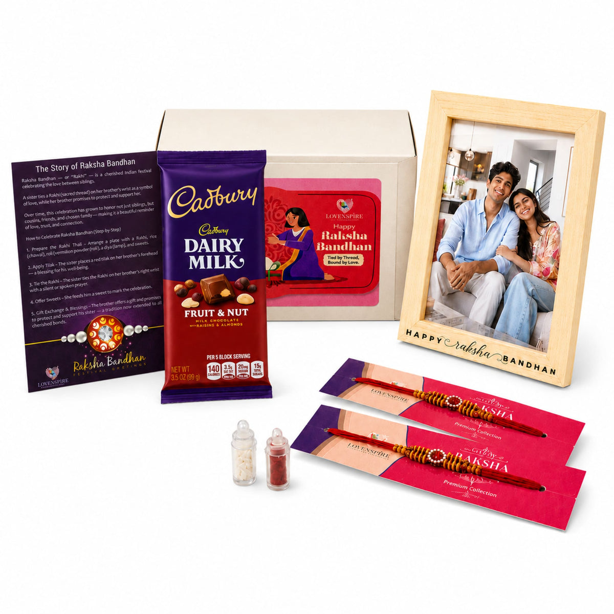 Cadbury Dairy Milk fruit and nut chocolate bar in purple and red wrapper included in designer Rakhi gift hamper