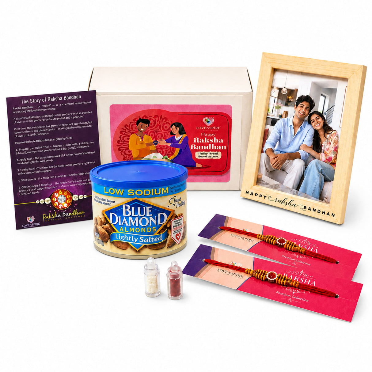 Blue diamond lightly salted low sodium almonds in a cylindrical container with blue lid in designer rakhi gift hamper for brother and bhabhi