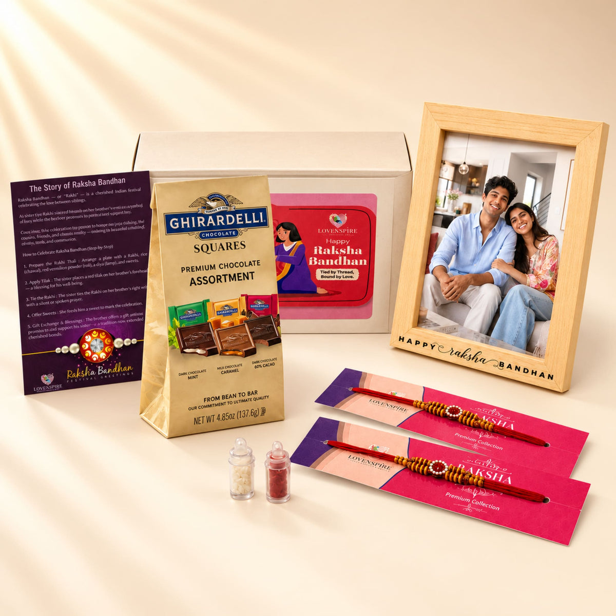 Ghirardelli chocolate squares premium assortment bag in gold packaging with colorful bars in designer rakhi gift hamper for brother and bhabhi