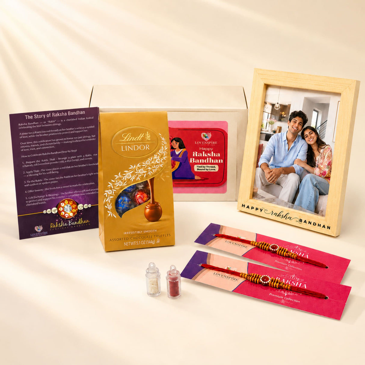 Designer Rakhi Gift Hamper for Brother & Bhabhi – Adjustable Rakhi Bracelet with Photo Frame, Chocolates, Roli Chawal & Card for Raksha Bandhan