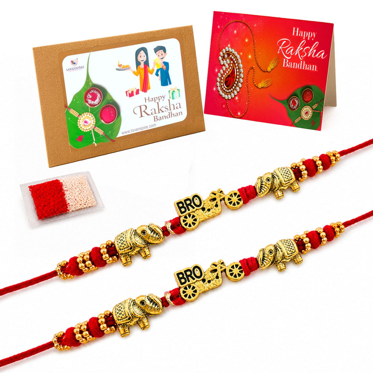 Two golden elephant and bicycle-themed rakhi bracelets with red cord in 2pc designer raksha bandhan gift set