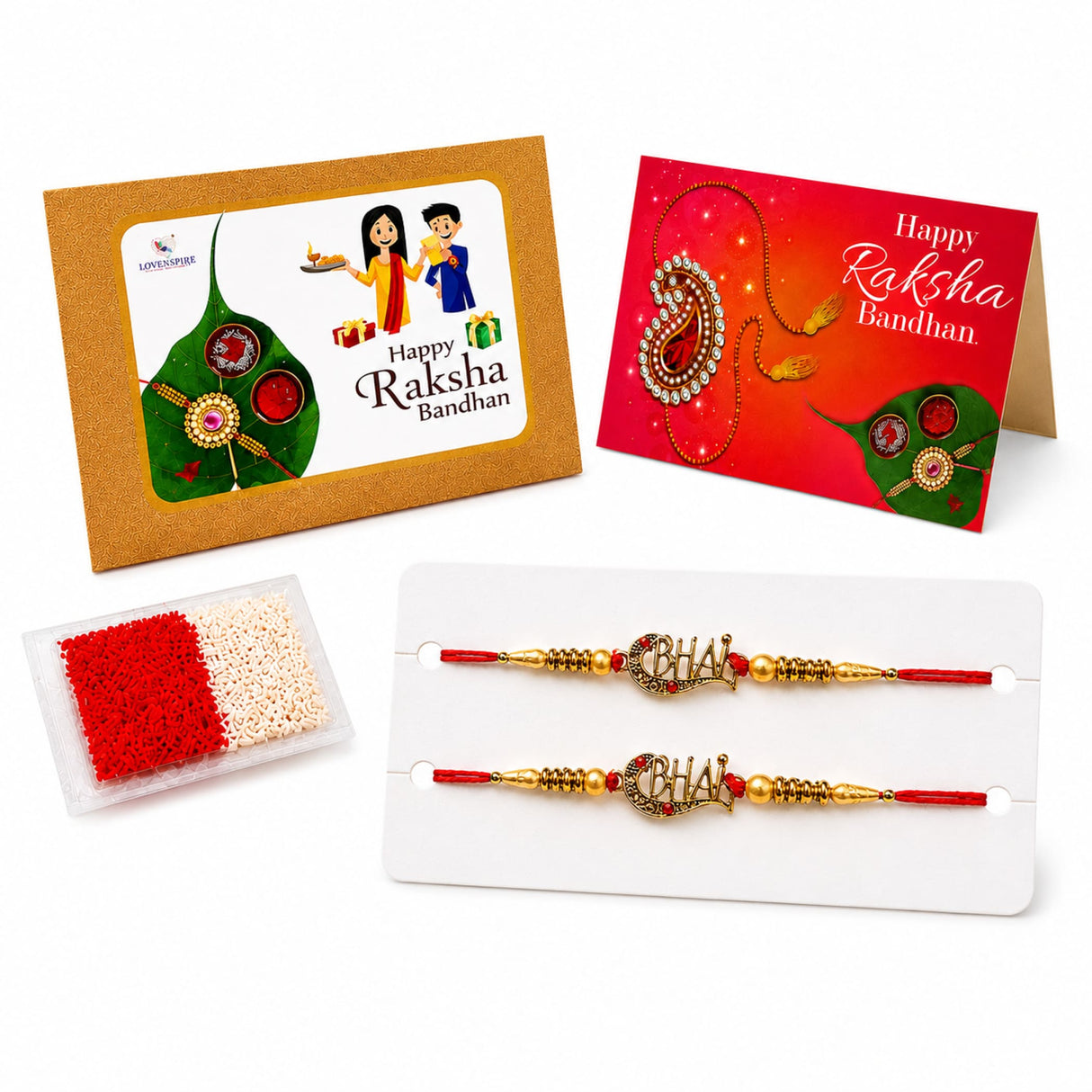 Gold-colored designer rakhi bracelet with red thread and intricate bhaji design for brother and sister-in-law gift set