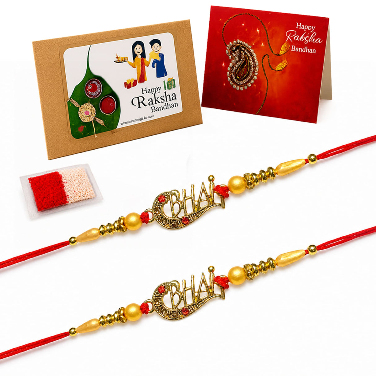 Gold-colored bhai rakhi with red and yellow beads on red thread from 2pc designer rakhi bracelet gift set for brother