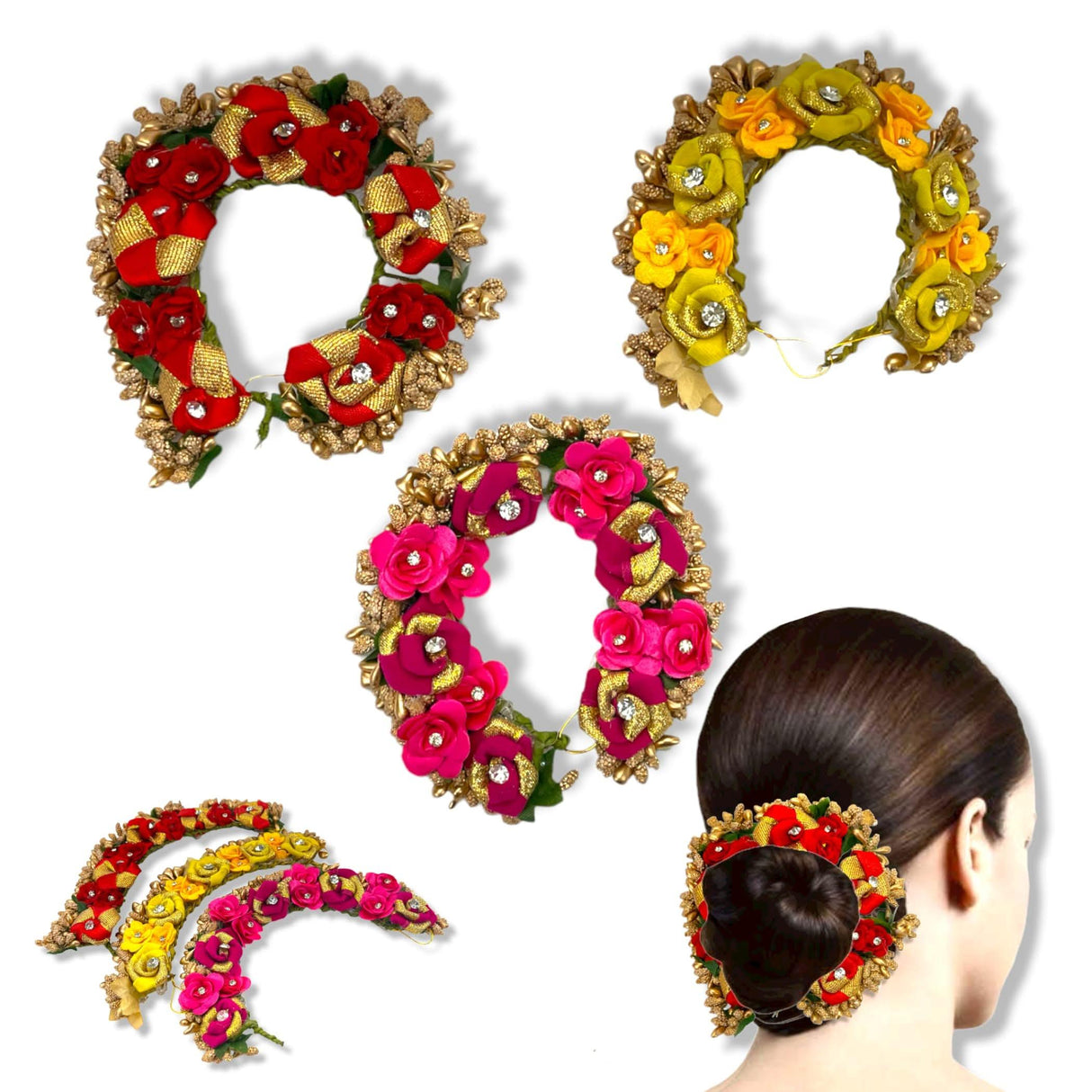 Colorful floral designer rose gajra artificial hair accessory with gold trim and rhinestones for bridal and party wear