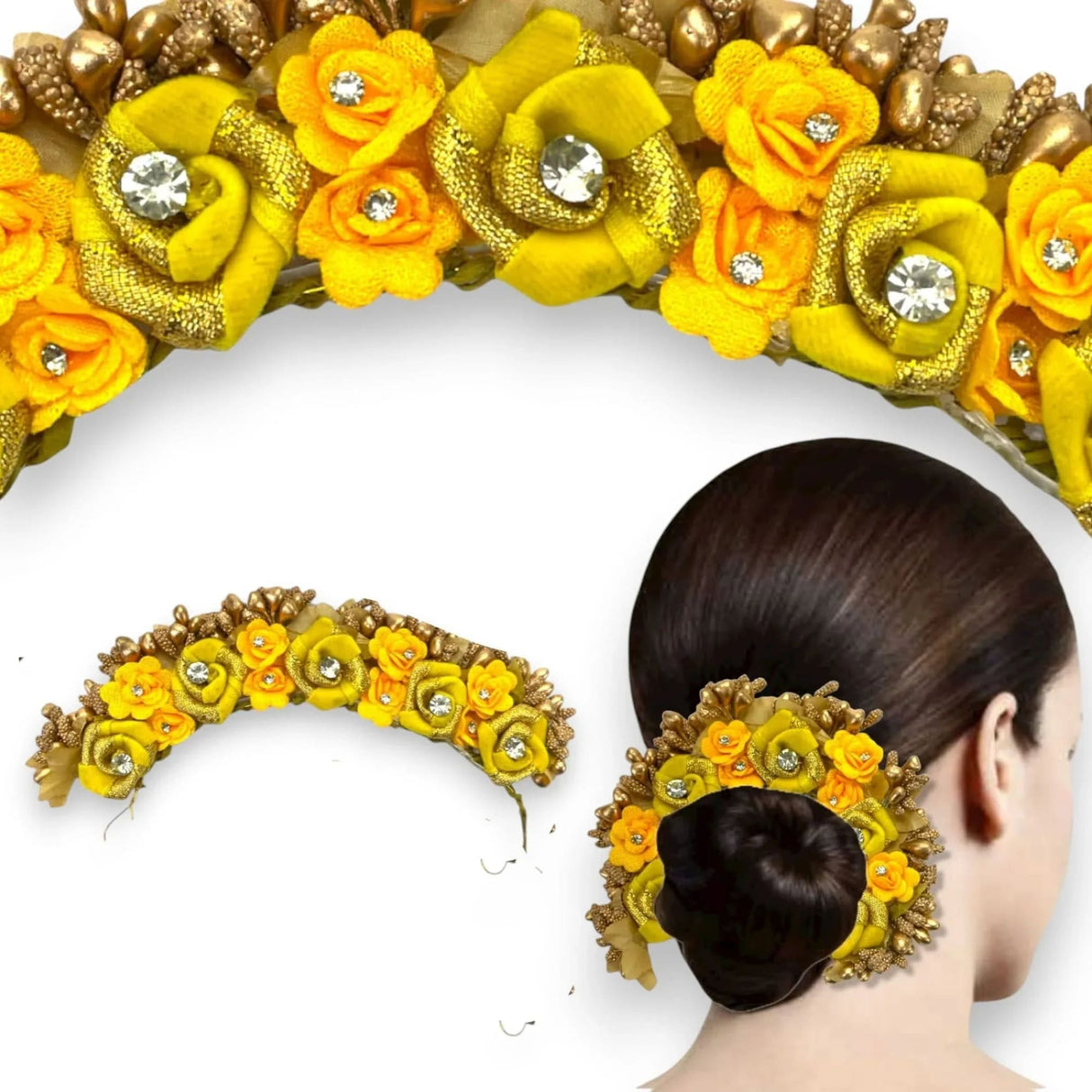 Designer rose gajra artificial floral headpiece in vibrant yellow and gold with sparkling rhinestones for bridal mehndi wear