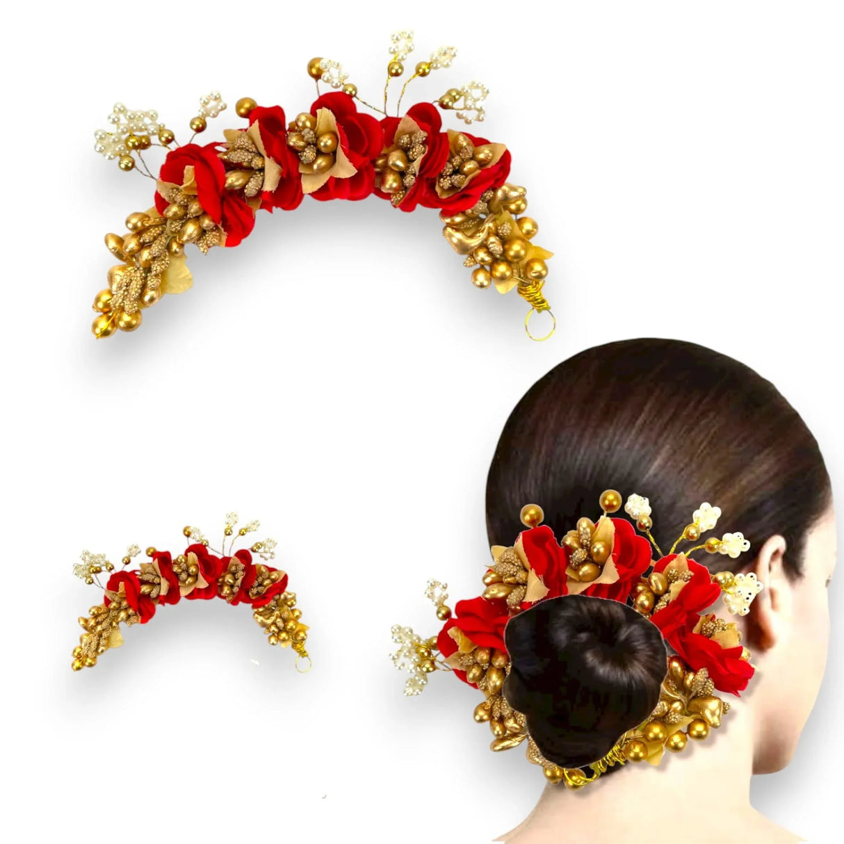Designer Rose Gajra Traditional Indian Hair Accessory Artificial Flower Jewelry Handmade Veni Tiara for Women Party Wear Bridal Mehndi Hair Bun Classical Dance Jewelry - LoveNspire