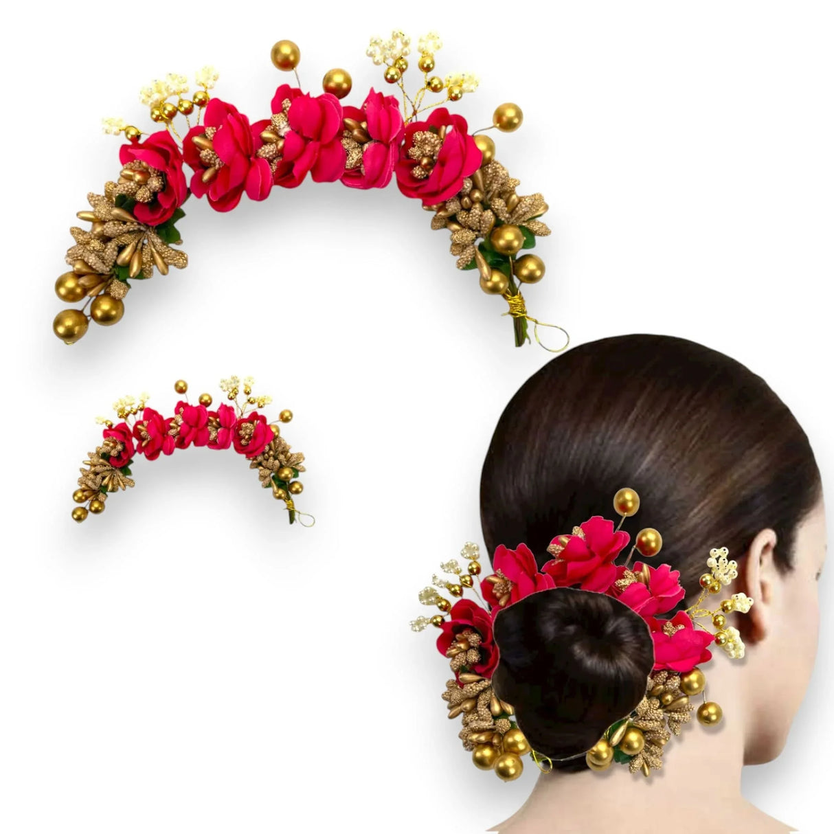 Designer Rose Gajra Traditional Indian Hair Accessory Artificial Flower Jewelry Handmade Veni Tiara for Women Party Wear Bridal Mehndi Hair Bun Classical Dance Jewelry - LoveNspire