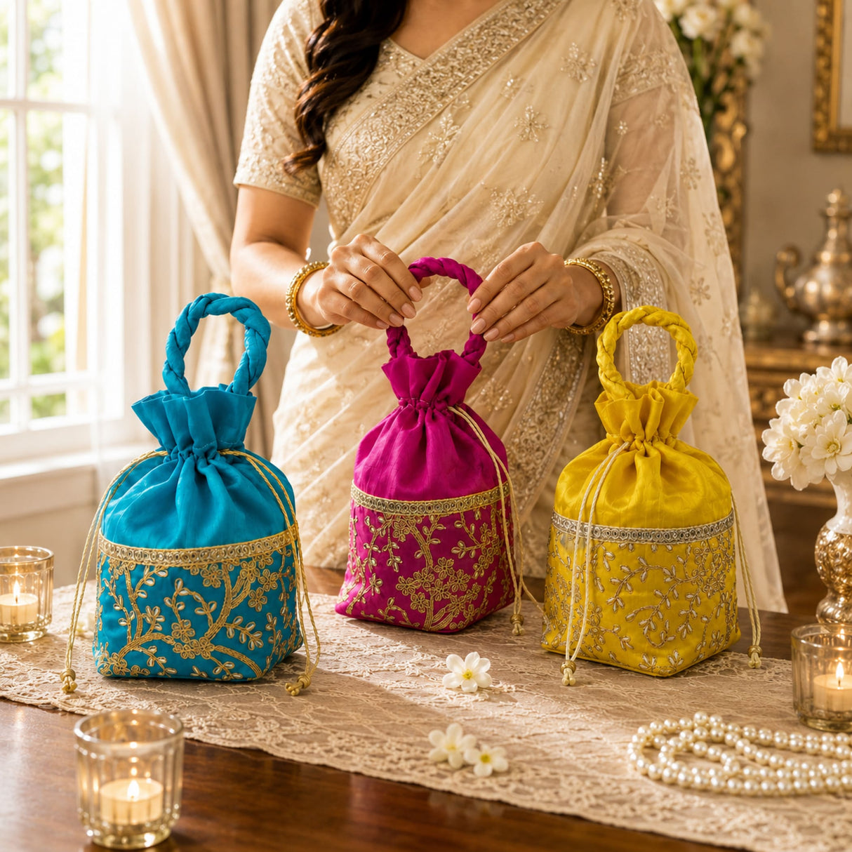 Traditional Indian ethnic zari potli bags for women featuring vibrant turquoise magenta and yellow embroidery with gold thread detailing