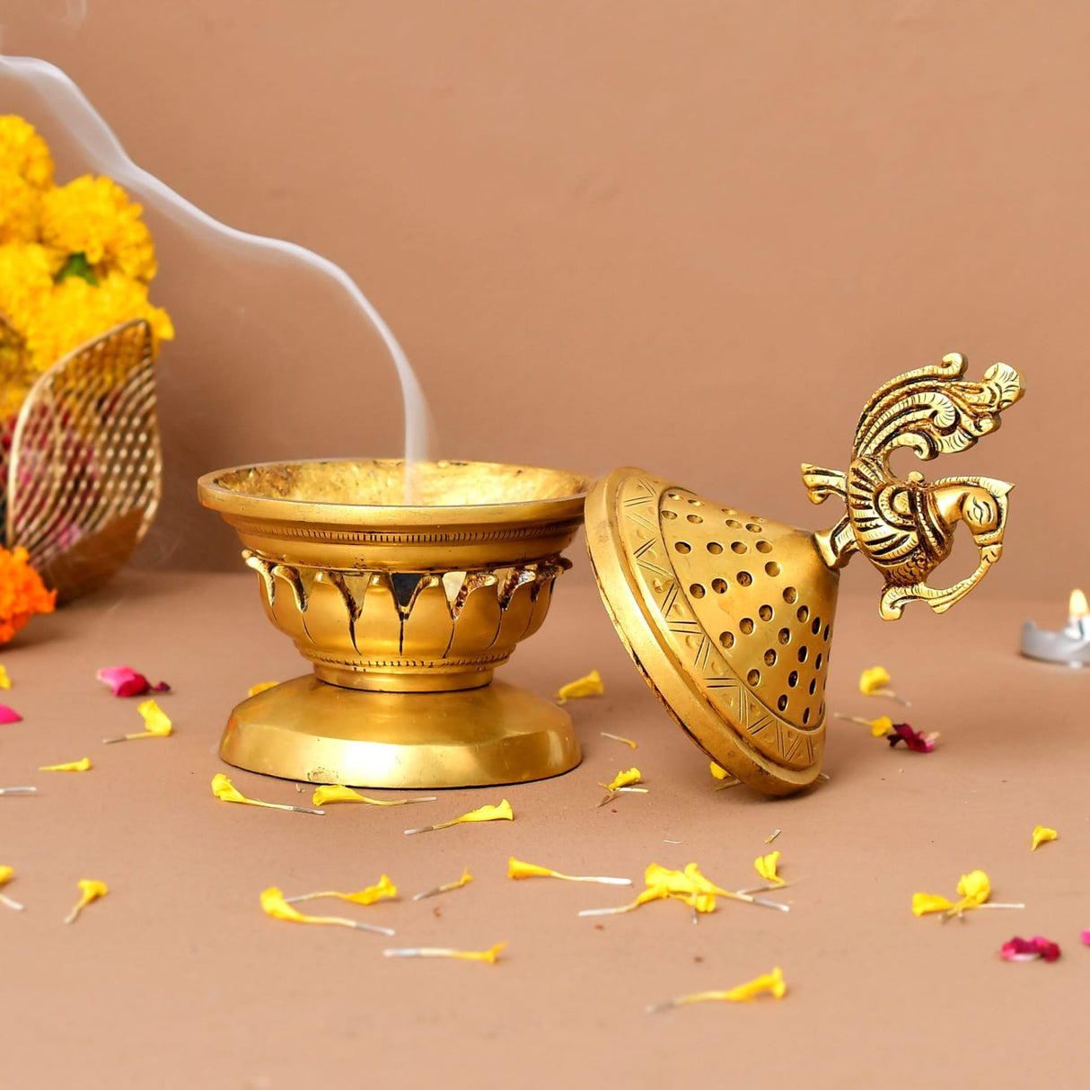 Brass Incense Dhoop Burner Aroma for Prayer Puja Meditation Spiritual Events Dhoopam for Havan Rituals Dhooni - Diwali Decoration Loban Dhoop Dani for Temple Home Prayer Room (6.2x3 Inches) - LoveNspire