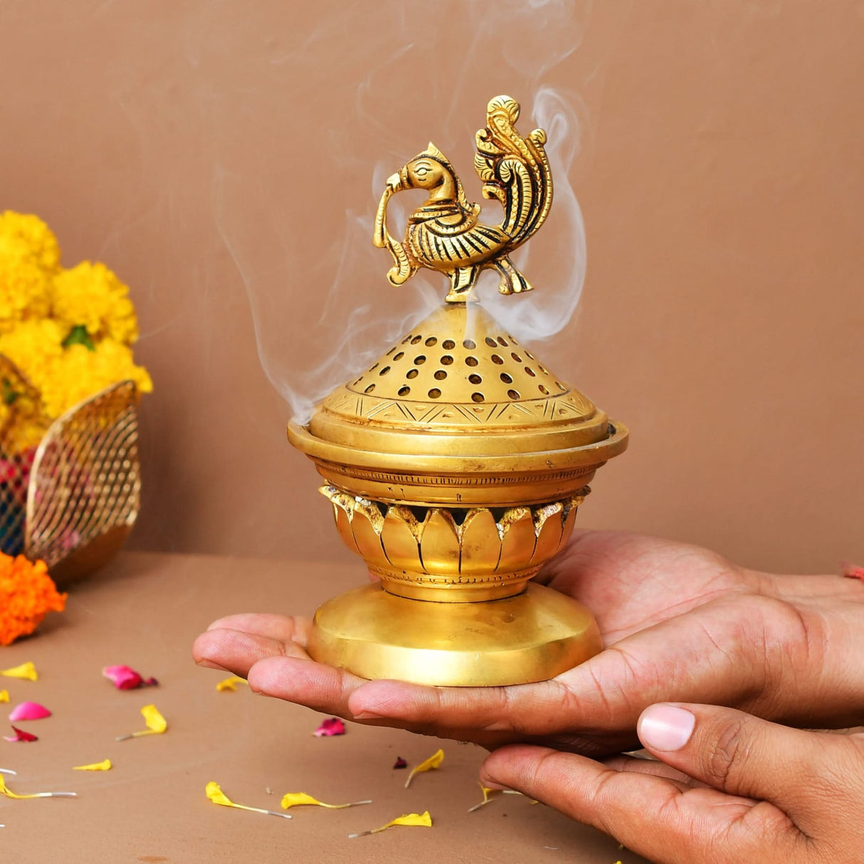 Brass Incense Dhoop Burner Aroma for Prayer Puja Meditation Spiritual Events Dhoopam for Havan Rituals Dhooni - Diwali Decoration Loban Dhoop Dani for Temple Home Prayer Room (6.2x3 Inches) - LoveNspire
