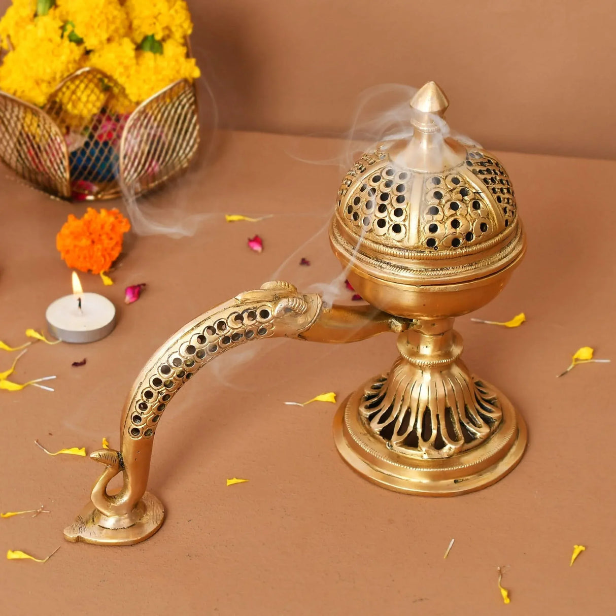 Brass Incense Dhoop Burner Aroma for Prayer Puja Meditation Spiritual Events Dhoopam for Havan Rituals - Diwali Decoration Loban Dhoop Dani for Temple Home Prayer Room (7.8x3.9 Inches) - LoveNspire
