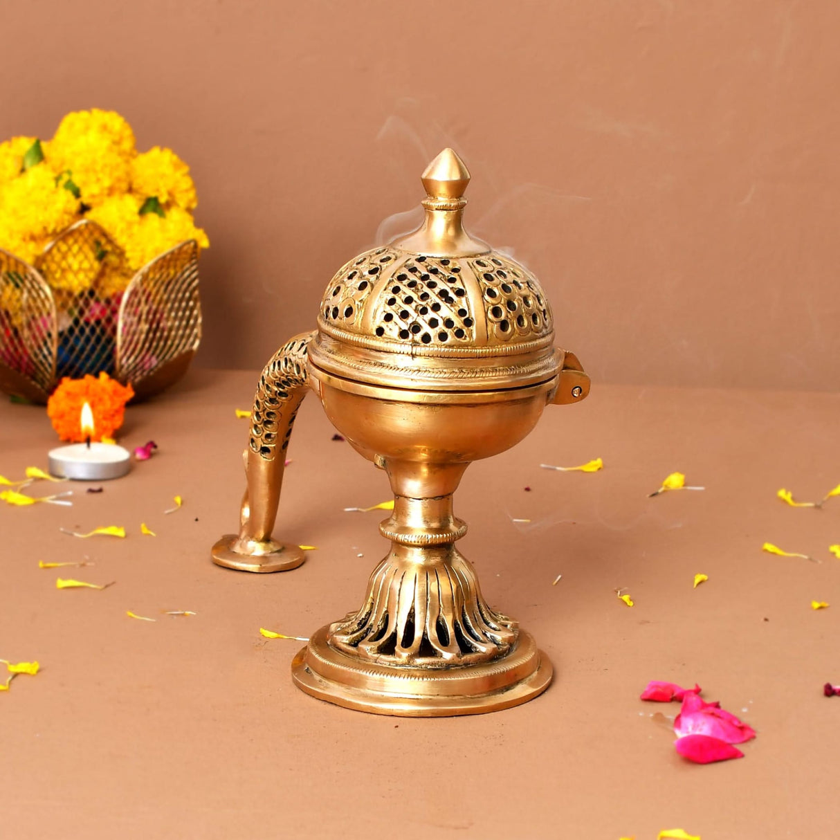 Brass Incense Dhoop Burner Aroma for Prayer Puja Meditation Spiritual Events Dhoopam for Havan Rituals - Diwali Decoration Loban Dhoop Dani for Temple Home Prayer Room (7.8x3.9 Inches) - LoveNspire