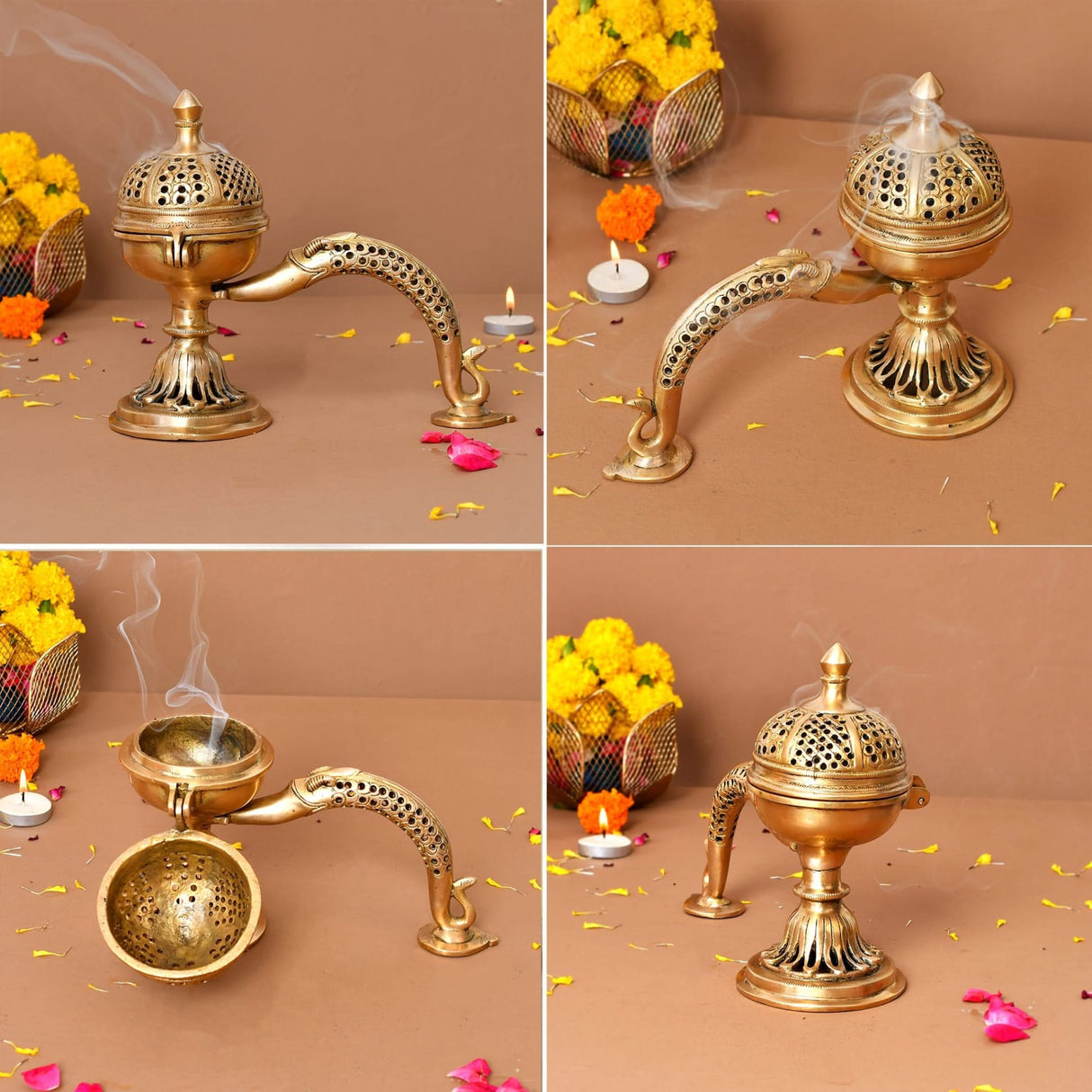 Brass Incense Dhoop Burner Aroma for Prayer Puja Meditation Spiritual Events Dhoopam for Havan Rituals - Diwali Decoration Loban Dhoop Dani for Temple Home Prayer Room (7.8x3.9 Inches) - LoveNspire