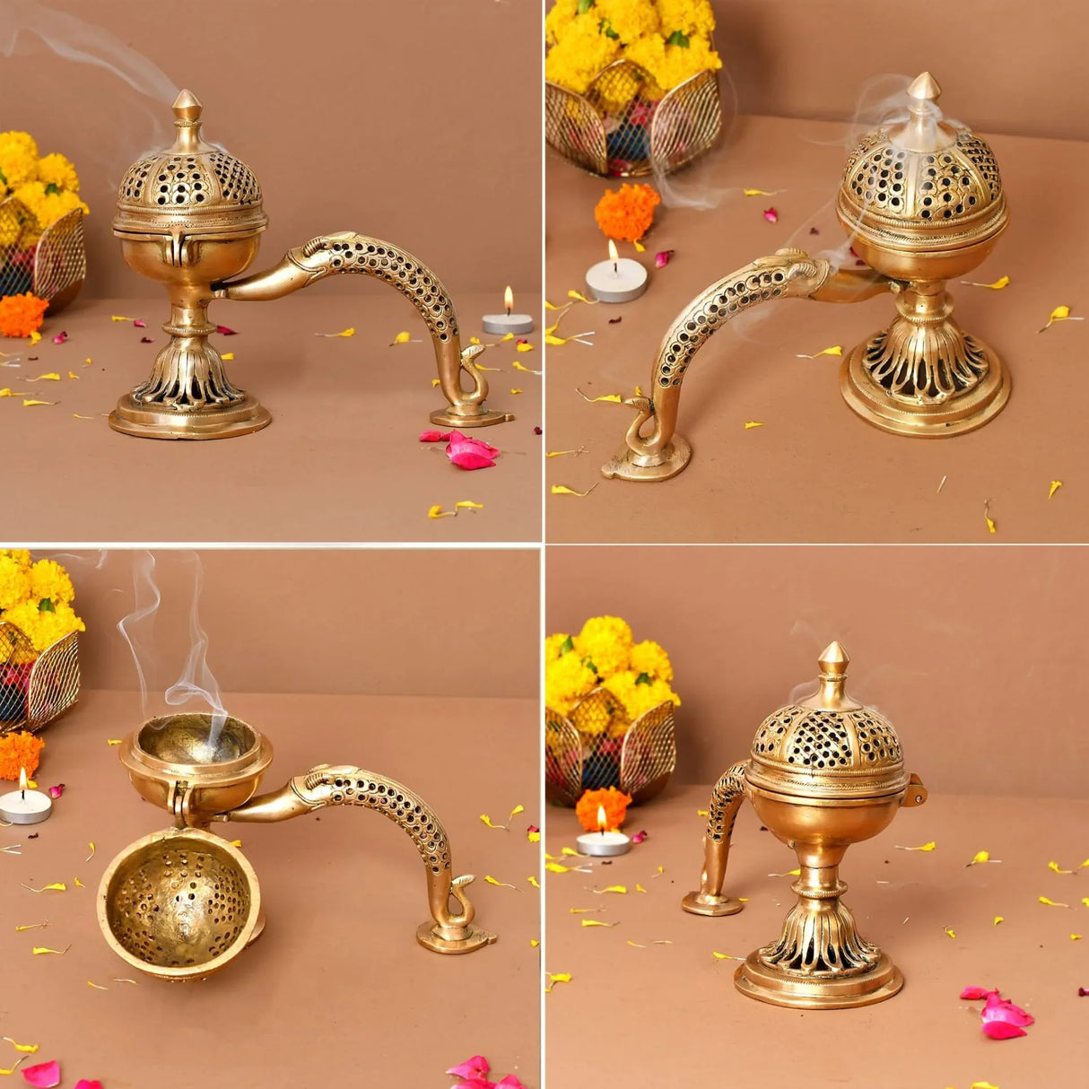 Brass Incense Dhoop Burner Aroma for Prayer Puja Meditation Spiritual Events Dhoopam for Havan Rituals - Diwali Decoration Loban Dhoop Dani for Temple Home Prayer Room (7.8x3.9 Inches) - LoveNspire