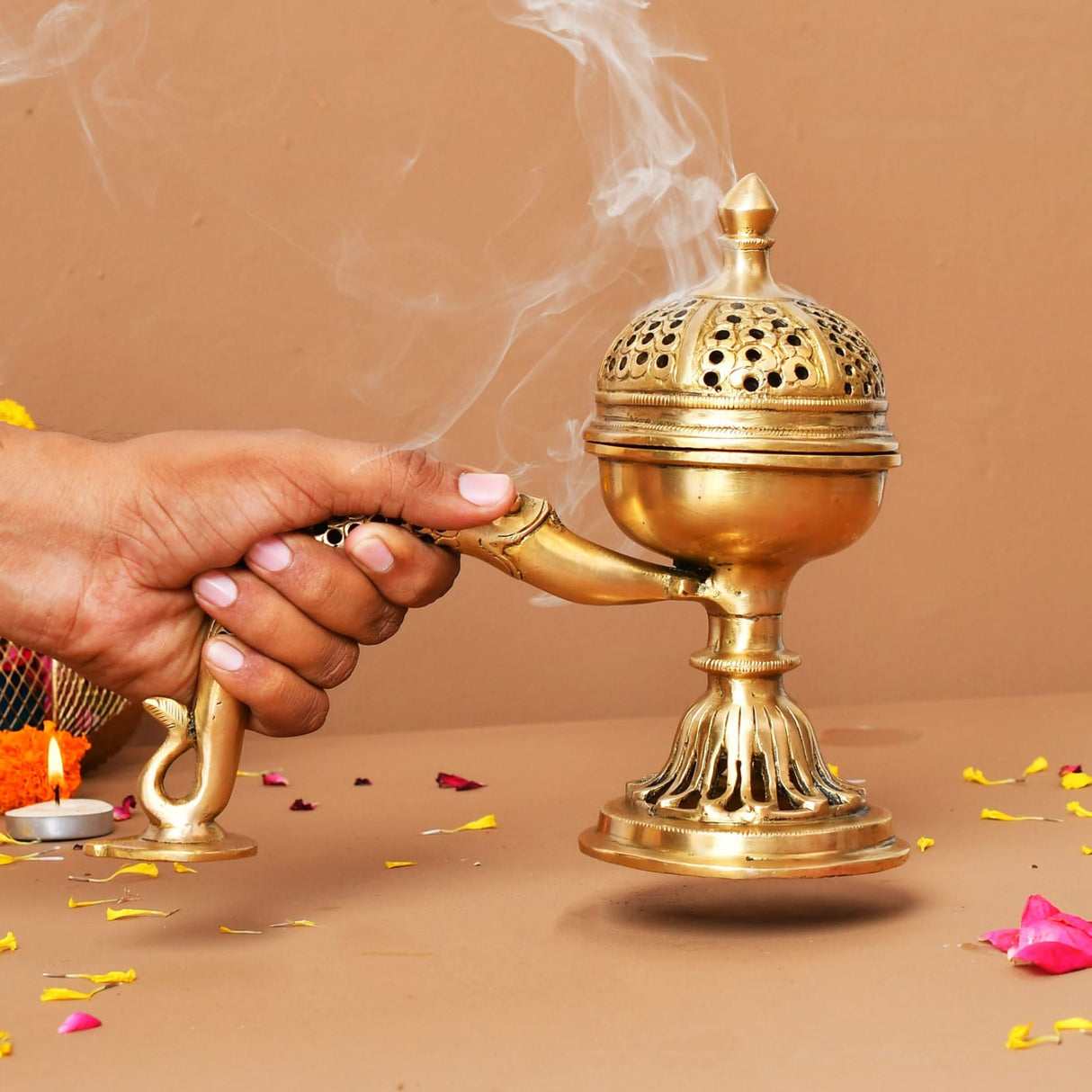 Brass Incense Dhoop Burner Aroma for Prayer Puja Meditation Spiritual Events Dhoopam for Havan Rituals - Diwali Decoration Loban Dhoop Dani for Temple Home Prayer Room (7.8x3.9 Inches) - LoveNspire