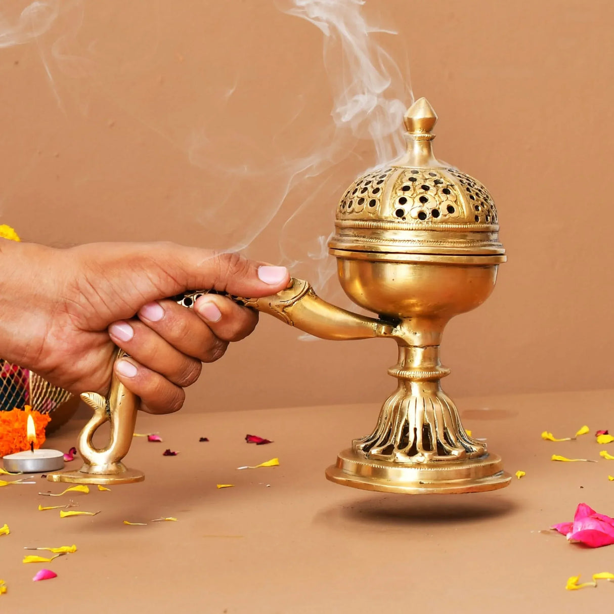 Brass Incense Dhoop Burner Aroma for Prayer Puja Meditation Spiritual Events Dhoopam for Havan Rituals - Diwali Decoration Loban Dhoop Dani for Temple Home Prayer Room (7.8x3.9 Inches) - LoveNspire