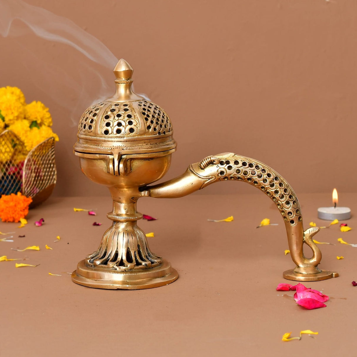 Brass Incense Dhoop Burner Aroma for Prayer Puja Meditation Spiritual Events Dhoopam for Havan Rituals - Diwali Decoration Loban Dhoop Dani for Temple Home Prayer Room (7.8x3.9 Inches) - LoveNspire
