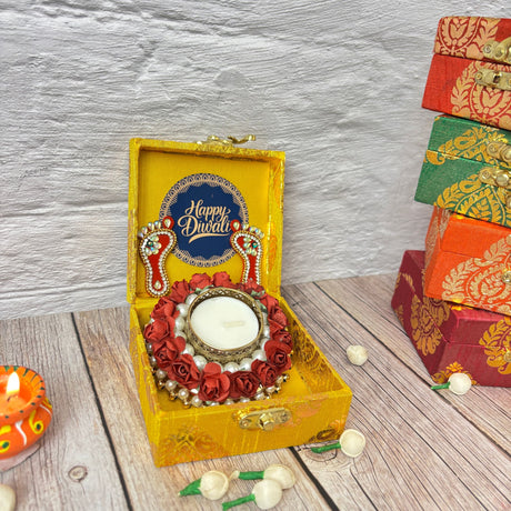 Yellow decorative gift box with Happy Diwali message, embellished feet, rose candle holder