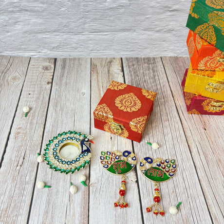 Decorative Indian gift items on wooden surface for Diwali and festival celebrations