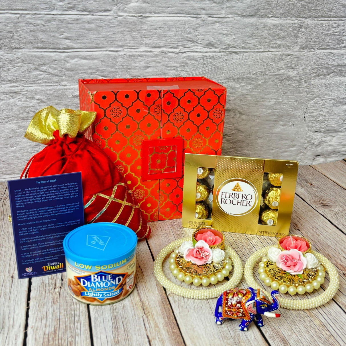 Diwali Gift Hamper Indian Festival Premium Deepawali Return Gift Box with Potli Bag Ganesha Elephant Statue Pearl Candle Holder Chocolates Thanksgiving Hampers for Friends Relatives Corporate Gifts - LoveNspire
