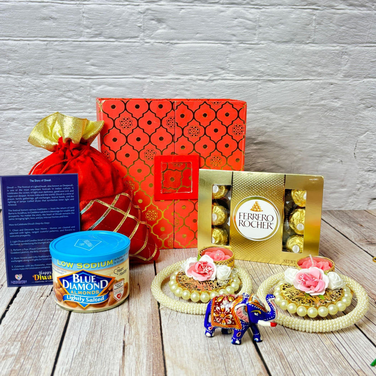 Diwali Gift Hamper Indian Festival Premium Deepawali Return Gift Box with Potli Bag Ganesha Elephant Statue Pearl Candle Holder Chocolates Thanksgiving Hampers for Friends Relatives Corporate Gifts - LoveNspire