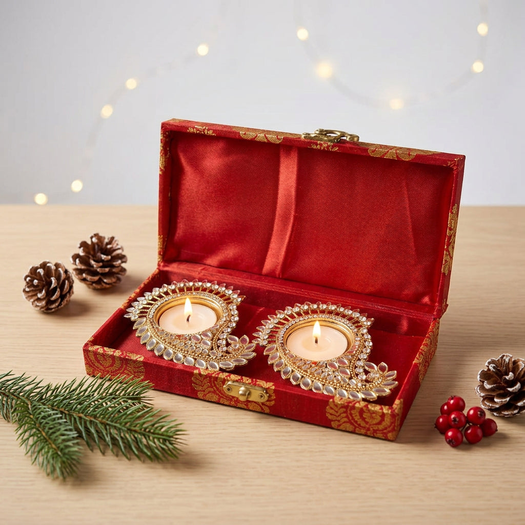 Diwali gift hamper with two ornate gold-toned diya holders embellished with crystals in a red velvet-lined brocade box