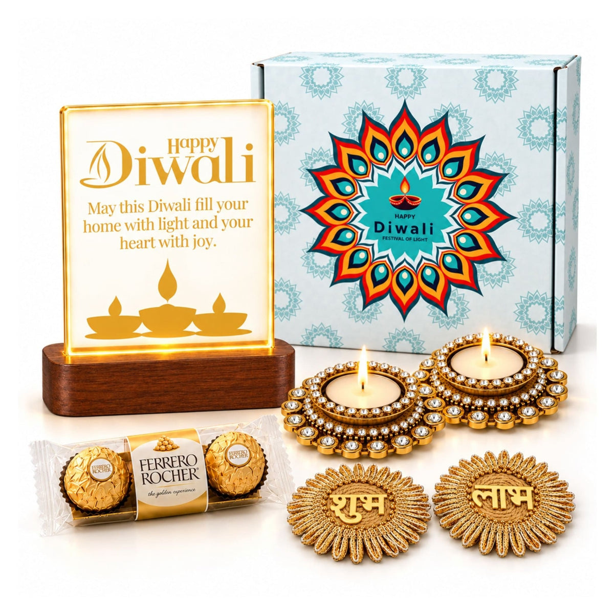 Golden ornate diya holders with intricate designs and embedded crystals in diwali gift hamper for family and friends