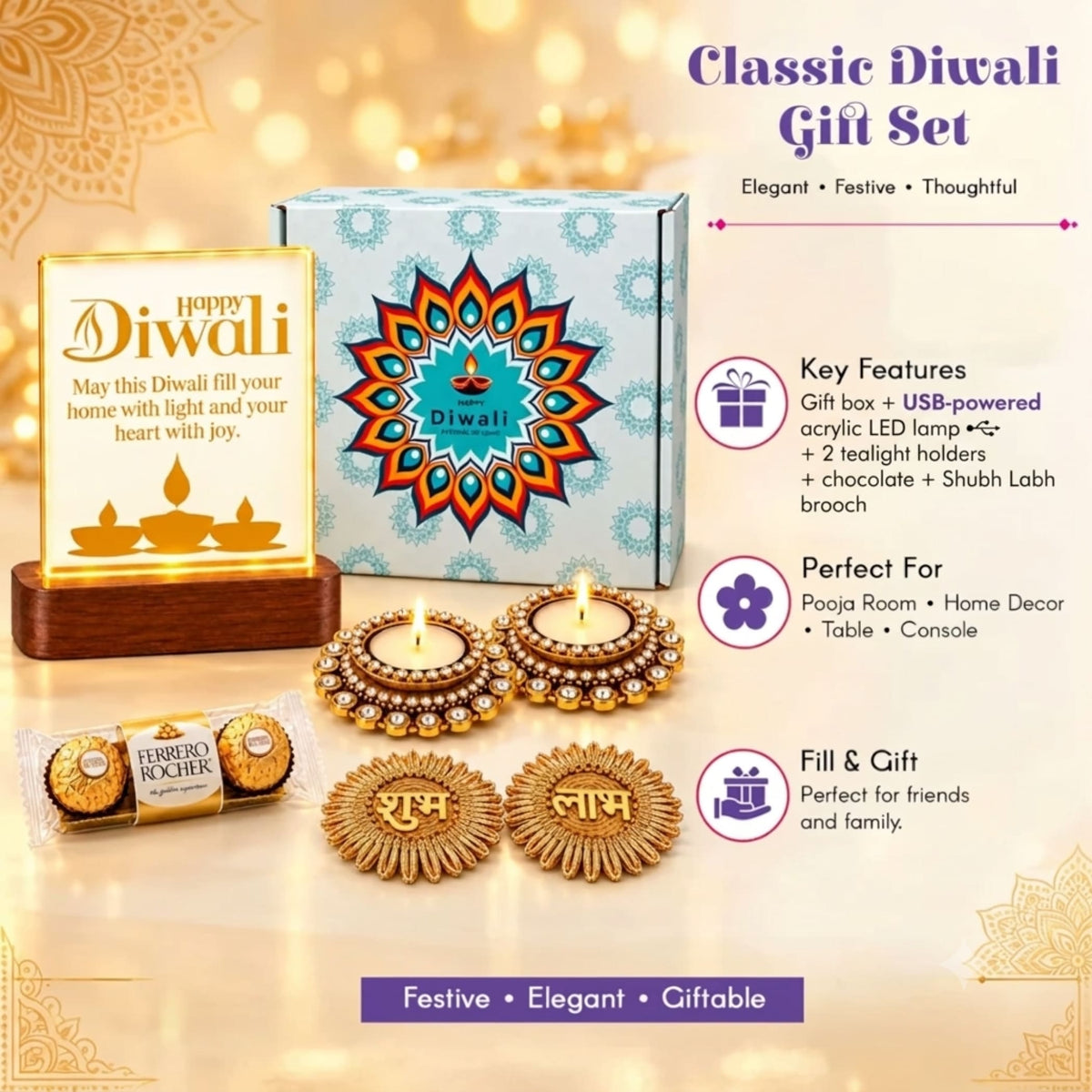 The Diwali gift hamper features a light-up happy Diwali plaque with gold lettering and an illuminated diya on a dark wood base