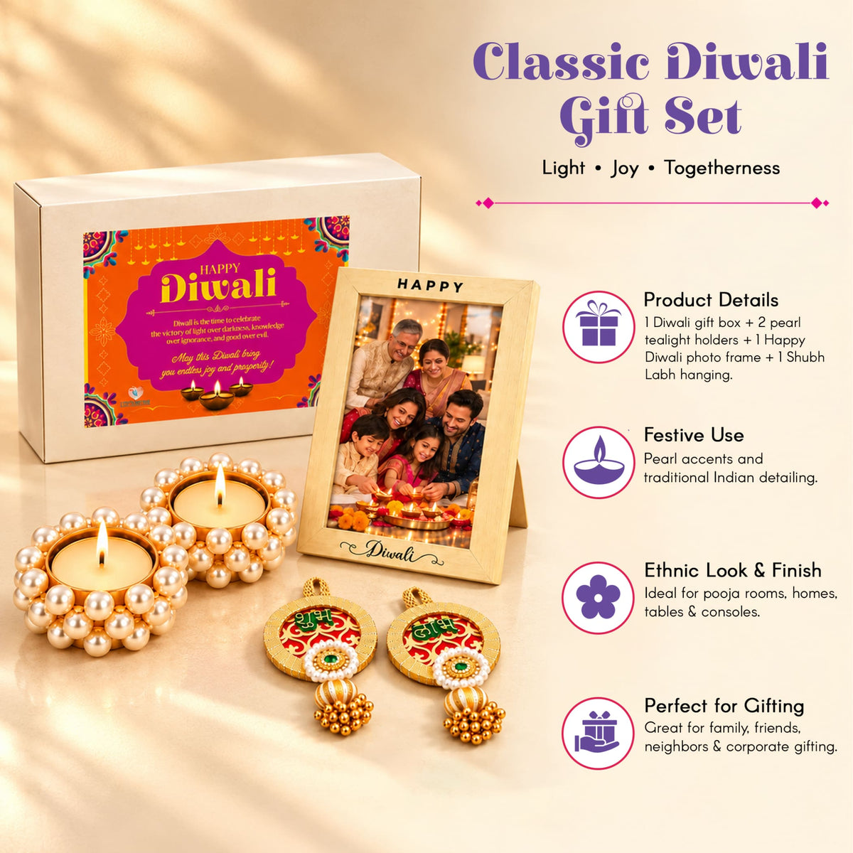 Classic diwali gift hamper with white box, orange purple happy diwali design, pearl tealight holders, wooden photo frame, shubh labh ornaments