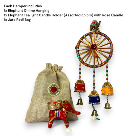 Decorative hamper with elephant-themed items including a jute potli bag and wind chime