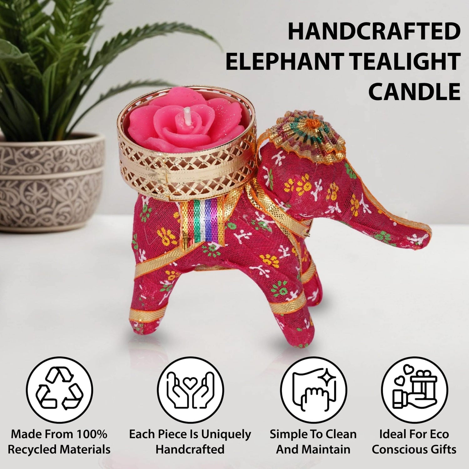 Handcrafted tealight candle with elephant design in a festive jute potli bag setup