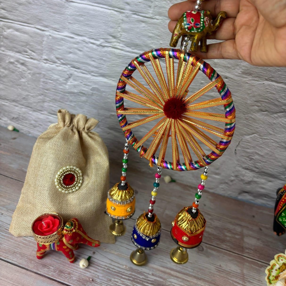Diwali Gift Hamper Indian Festival Jute Potli Bag with Wind Chime Hanging Elephant Candle Holder Navratri Thanksgiving Christmas Hampers for Employees Friends Relatives - Return Gift Items - LoveNspire