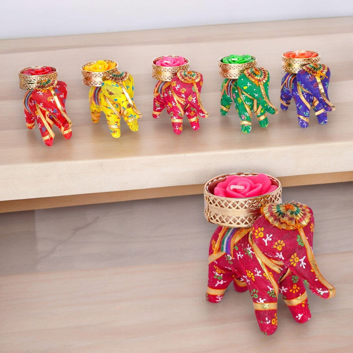 Colorful elephant candle holders for Diwali and festival gift hampers