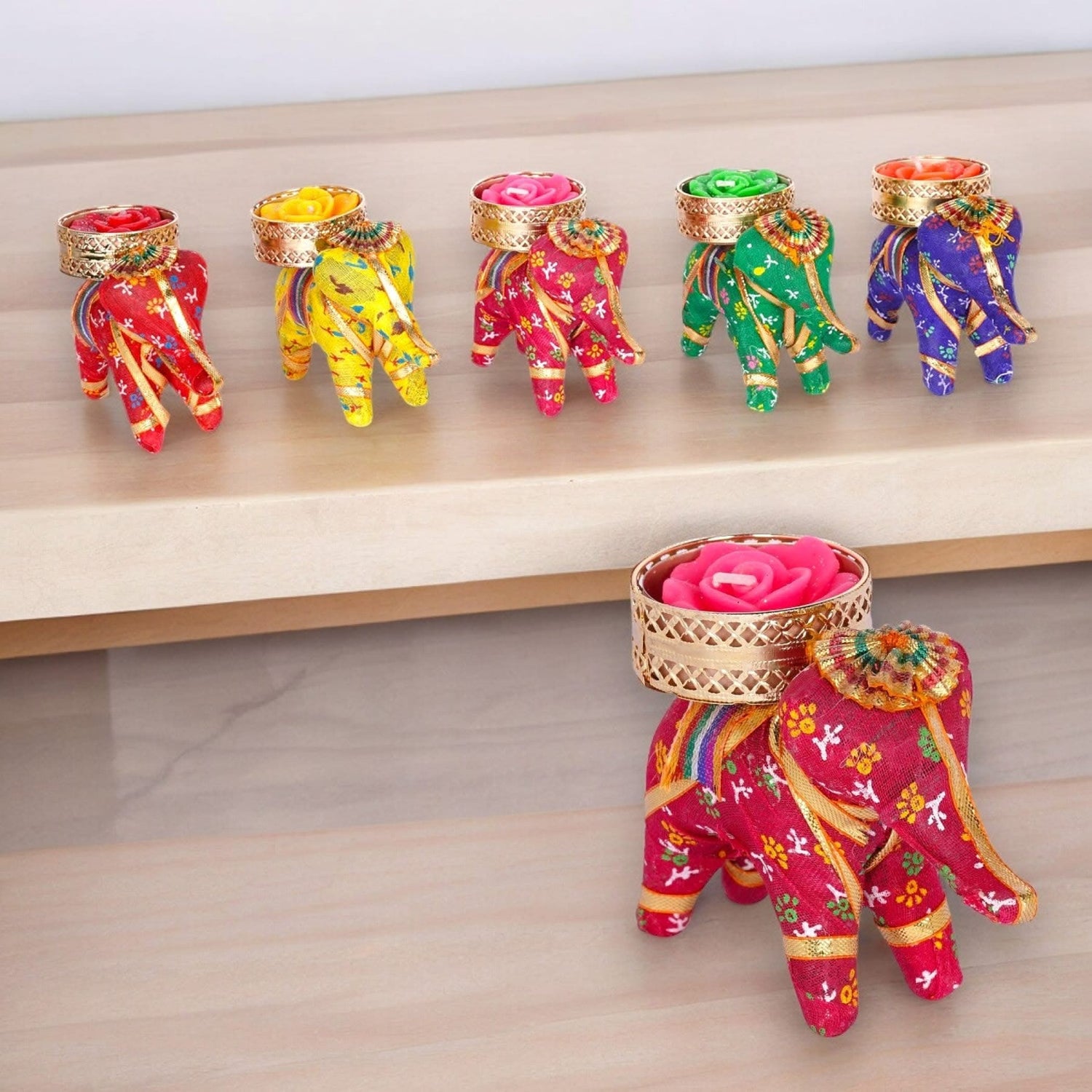 Colorful elephant candle holders for Diwali and festival gift hampers
