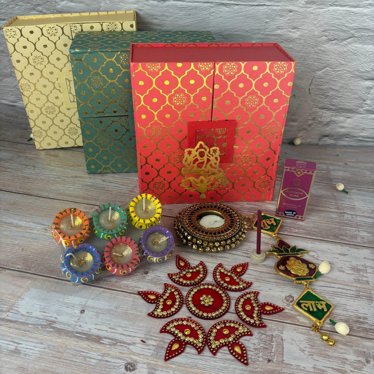 Diwali Gift Hamper Indian Festival Gift Box with Clay Diya Shadow Laxmi Candle Holder Rangoli Shubh Labh Hanger Navratri Hampers for Employees Friends Family Relatives - Return Gifts Items - LoveNspire