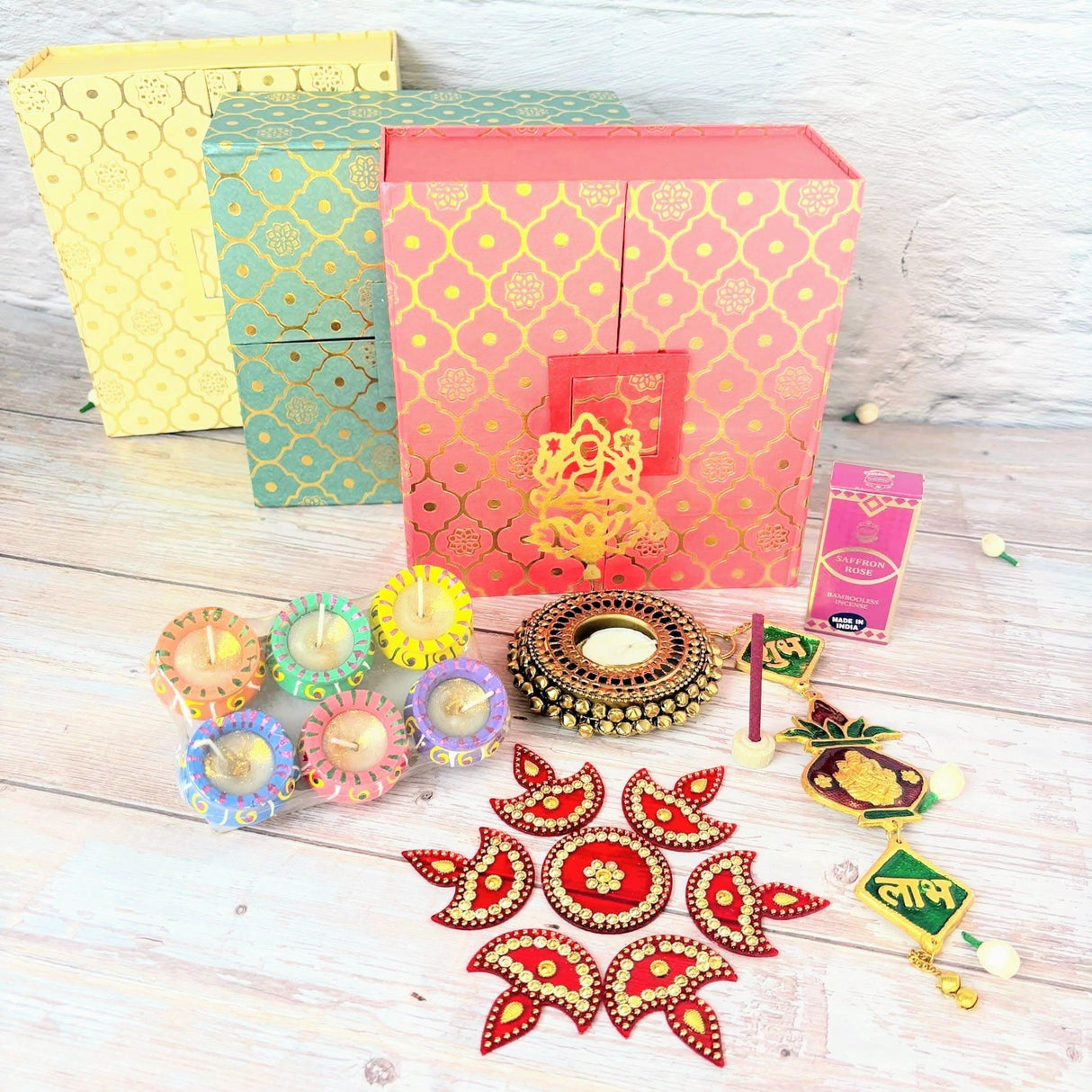 Diwali Gift Hamper Indian Festival Gift Box with Clay Diya Shadow Laxmi Candle Holder Rangoli Shubh Labh Hanger Navratri Hampers for Employees Friends Family Relatives - Return Gifts Items - LoveNspire