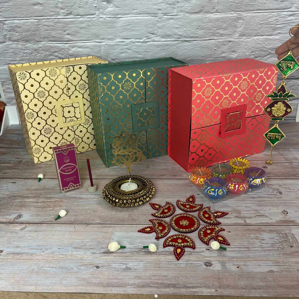 Festive gift boxes with decorations for Diwali and Indian festivals
